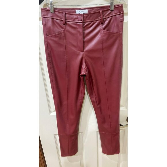 New Milly Rue Faux Leather Red Burgundy Pants Size 28 High-Waisted Slim Fit With - Picture 9 of 10